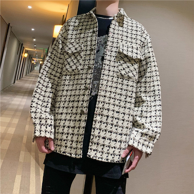 Vävd hundtandsmönstrad ullskjorta med stora fickor