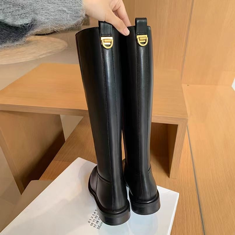 Rund tå med dragkedja i sidan, fleecefodrade långa bikerstövlar för dam, höst och vinter