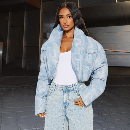 Quiltad halsduk med ståkrage, ficka, långärmad, blommig färgmatchning, kort bomullsvadderad kappa för kvinnor