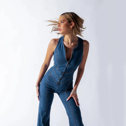 Sommar Slim Hjärtformad Rygglös Denim Jumpsuit Dam Halter Neck Zip Up Hög Midja Byxor Retro Style Kläder