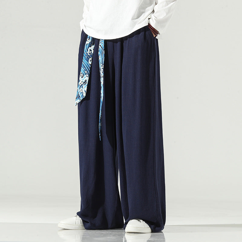 Retro kinesisk stil herrbyxor höst nya linne raka rör droppbyxor vida ben bomull hampa kjol byxor sångbyxor herr