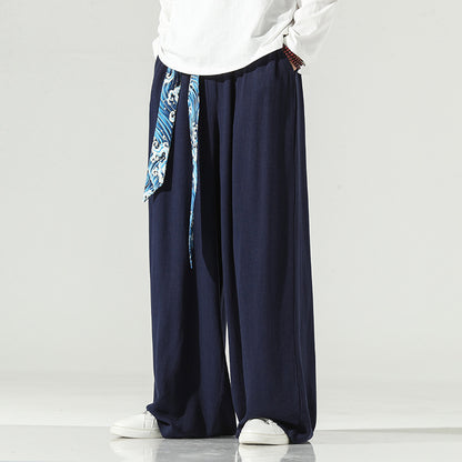 Retro kinesisk stil herrbyxor höst nya linne raka rör droppbyxor vida ben bomull hampa kjol byxor sångbyxor herr
