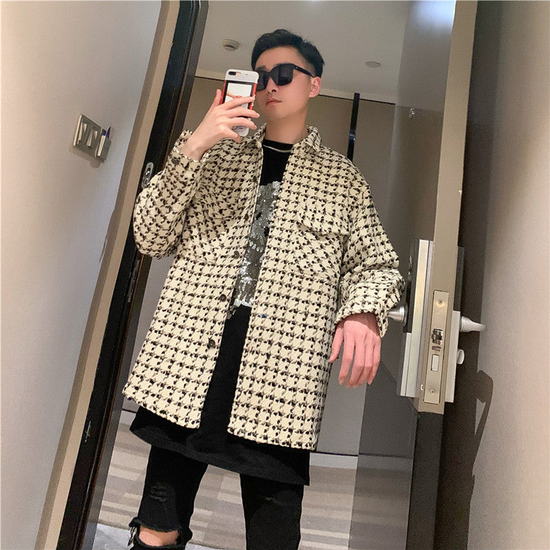 Vävd hundtandsmönstrad ullskjorta med stora fickor