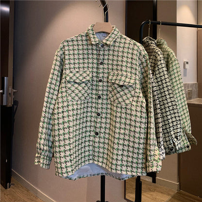 Vävd hundtandsmönstrad ullskjorta med stora fickor