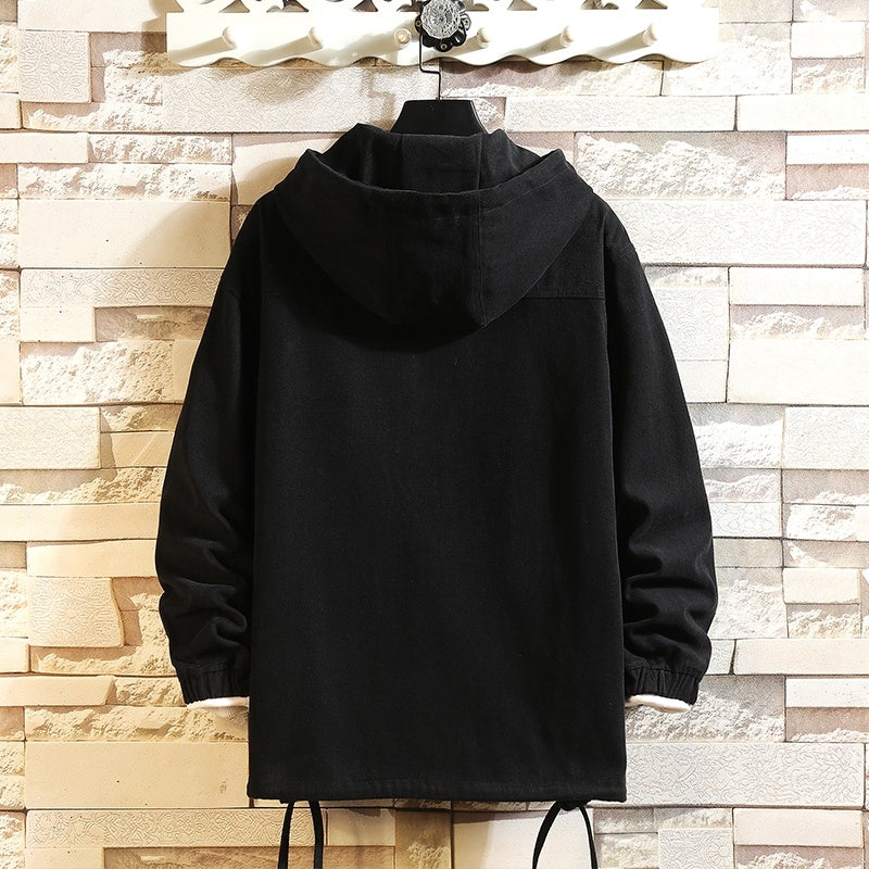 Herr lös cargojacka med halv dragkedja och huva