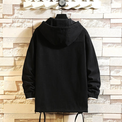 Herr lös cargojacka med halv dragkedja och huva