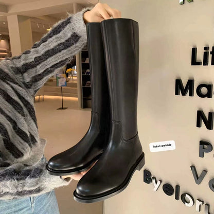 Rund tå med dragkedja i sidan, fleecefodrade långa bikerstövlar för dam, höst och vinter