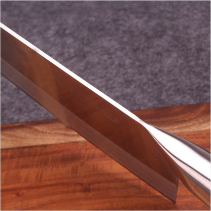 Kökskniv i rostfritt stål med gult trähandtag