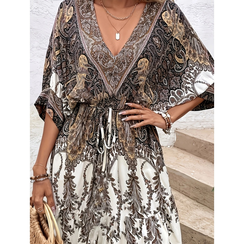 Bohemisk klänning med V-ringning, knytband framtill, kortärmad, blommig A-linje, strandklänning med böljande bohemisk tunika för kvinnor