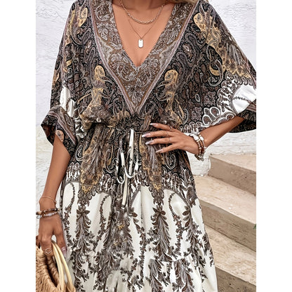Bohemisk klänning med V-ringning, knytband framtill, kortärmad, blommig A-linje, strandklänning med böljande bohemisk tunika för kvinnor