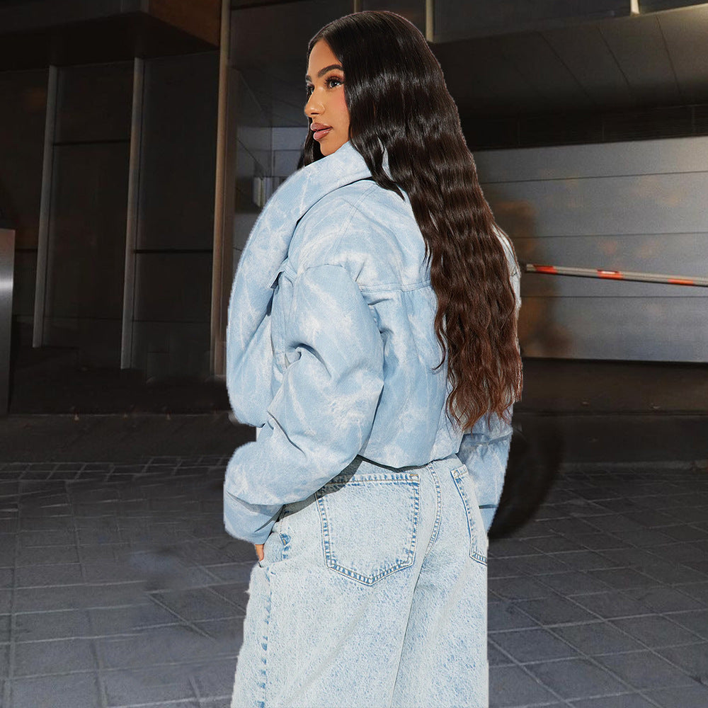 Quiltad halsduk med ståkrage, ficka, långärmad, blommig färgmatchning, kort bomullsvadderad kappa för kvinnor