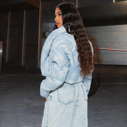 Quiltad halsduk med ståkrage, ficka, långärmad, blommig färgmatchning, kort bomullsvadderad kappa för kvinnor