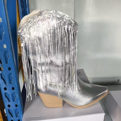 Europeisk och amerikansk mode Mellanmodern stövlar kvinnor retro tjock klack veckad västerländsk riddare