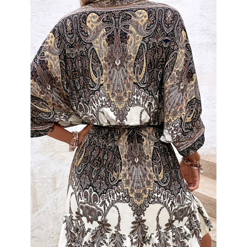 Bohemisk klänning med V-ringning, knytband framtill, kortärmad, blommig A-linje, strandklänning med böljande bohemisk tunika för kvinnor