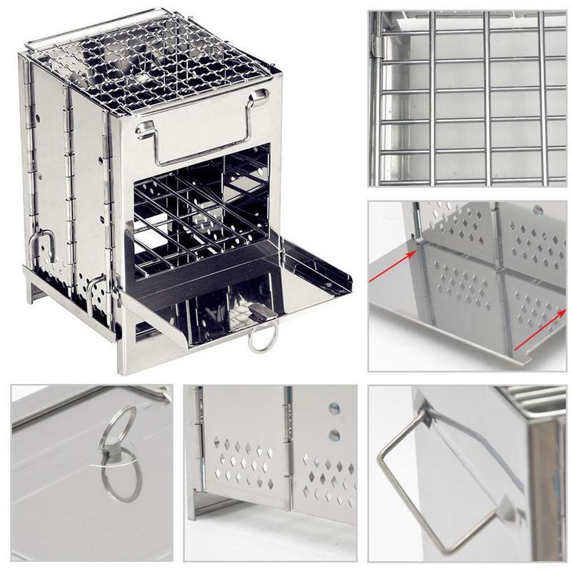 Mini utomhus vedkök camping matlagning picknick grill hopfällbar spis fyrkantig trä stål resor träkol