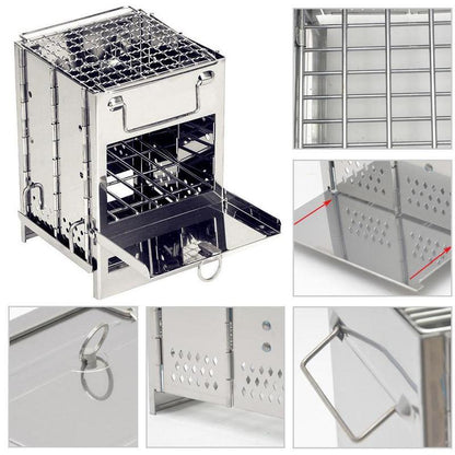 Mini utomhus vedkök camping matlagning picknick grill hopfällbar spis fyrkantig trä stål resor träkol