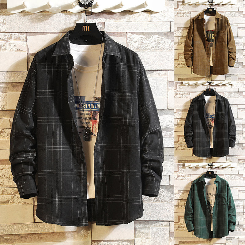 Herrskjorta med lös passform, rutig långärmad och tryck