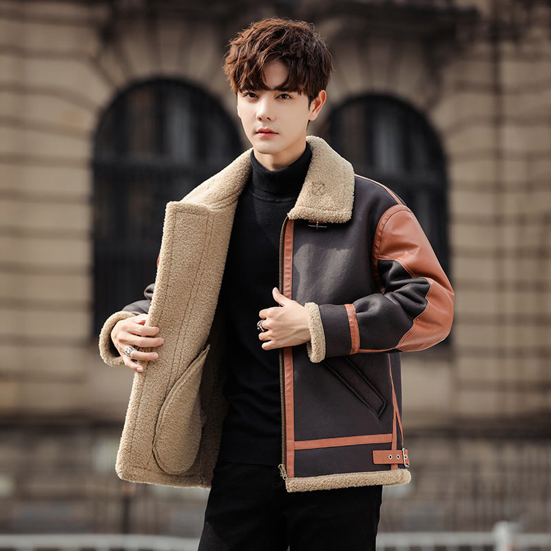 Stilig manlig pälsintegrerad fleecefodrad förtjockad avslappnad trendig stilkappa