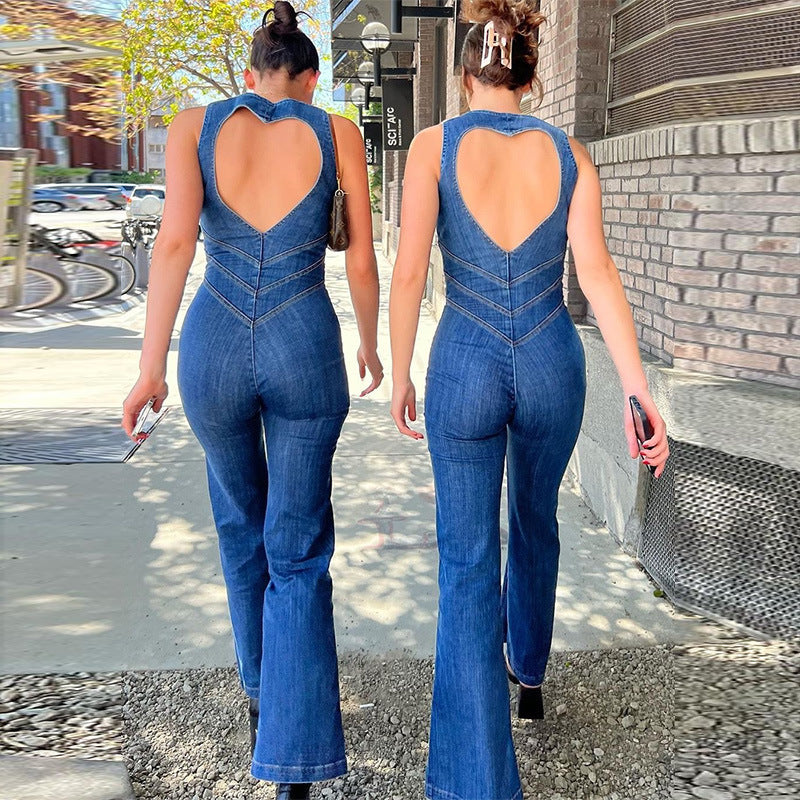 Sommar Slim Hjärtformad Rygglös Denim Jumpsuit Dam Halter Neck Zip Up Hög Midja Byxor Retro Style Kläder