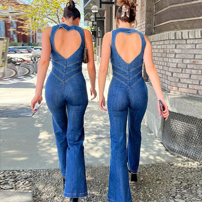 Sommar Slim Hjärtformad Rygglös Denim Jumpsuit Dam Halter Neck Zip Up Hög Midja Byxor Retro Style Kläder