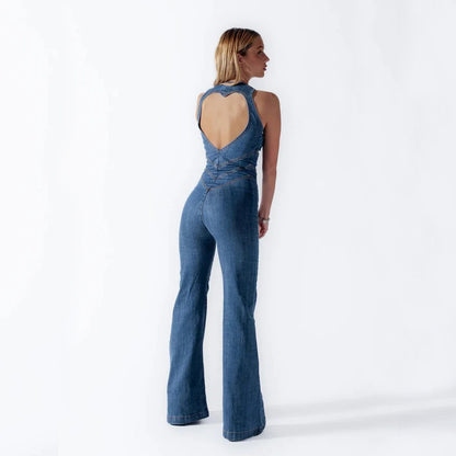 Sommar Slim Hjärtformad Rygglös Denim Jumpsuit Dam Halter Neck Zip Up Hög Midja Byxor Retro Style Kläder