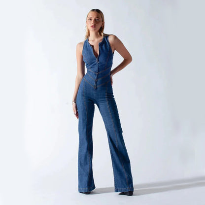 Sommar Slim Hjärtformad Rygglös Denim Jumpsuit Dam Halter Neck Zip Up Hög Midja Byxor Retro Style Kläder