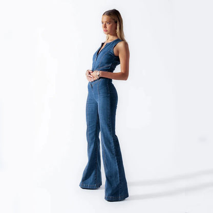 Sommar Slim Hjärtformad Rygglös Denim Jumpsuit Dam Halter Neck Zip Up Hög Midja Byxor Retro Style Kläder