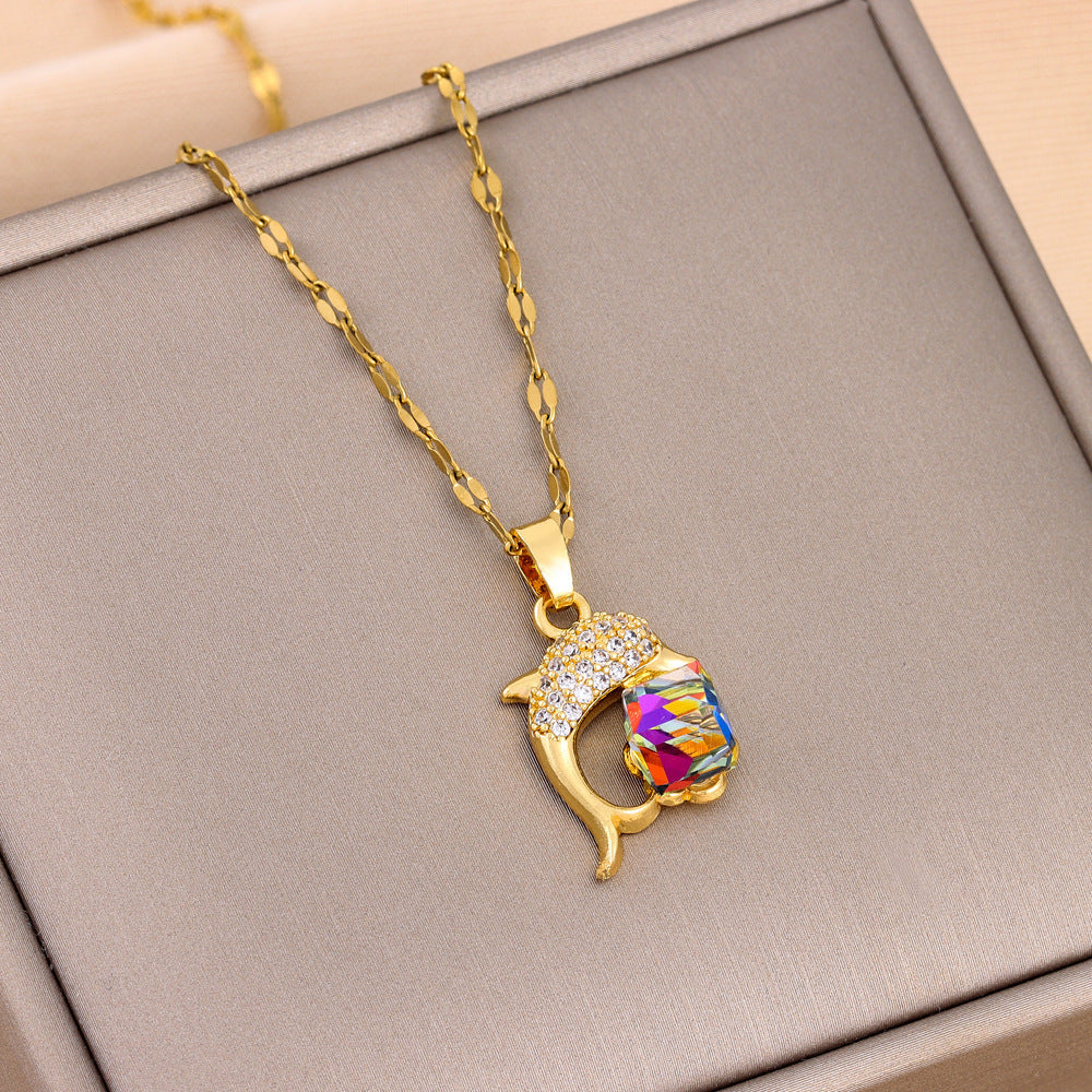 Halsband med förgyllt rostfritt stål och färgglada kristaller i kubform för kvinnor