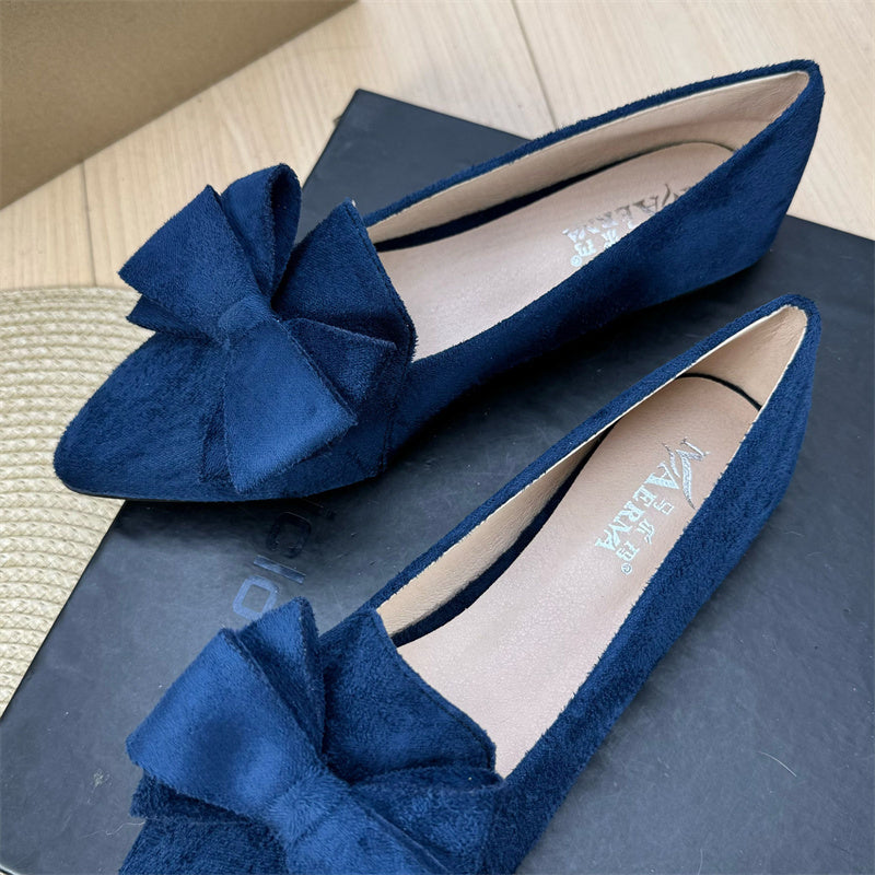 Mångsidiga enfärgade platta skor med rosett och spets för kvinnor