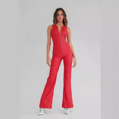 Sommar Slim Hjärtformad Rygglös Denim Jumpsuit Dam Halter Neck Zip Up Hög Midja Byxor Retro Style Kläder