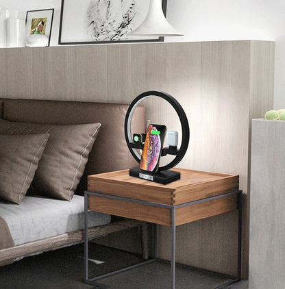 3-i-1 trådlös laddare lämplig för mobiltelefonklocka headset bordslampa laddningsfäste hetsäljande