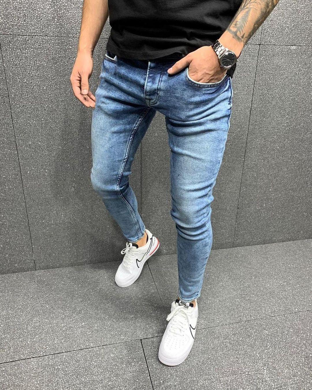 Herrjeans med smal passform, europeiska och amerikanska fransade, smala jeans