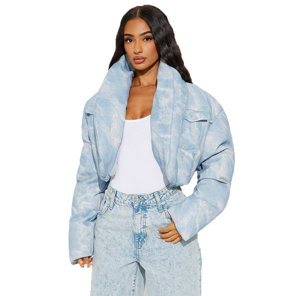 Quiltad halsduk med ståkrage, ficka, långärmad, blommig färgmatchning, kort bomullsvadderad kappa för kvinnor