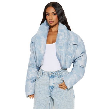 Quiltad halsduk med ståkrage, ficka, långärmad, blommig färgmatchning, kort bomullsvadderad kappa för kvinnor