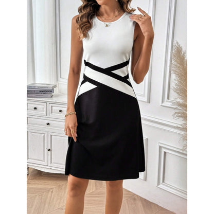 Dam Ärmlös Miniklänning Sommar Svart Vit Färgblock Rund Hals Casual Lösa Linneklänningar