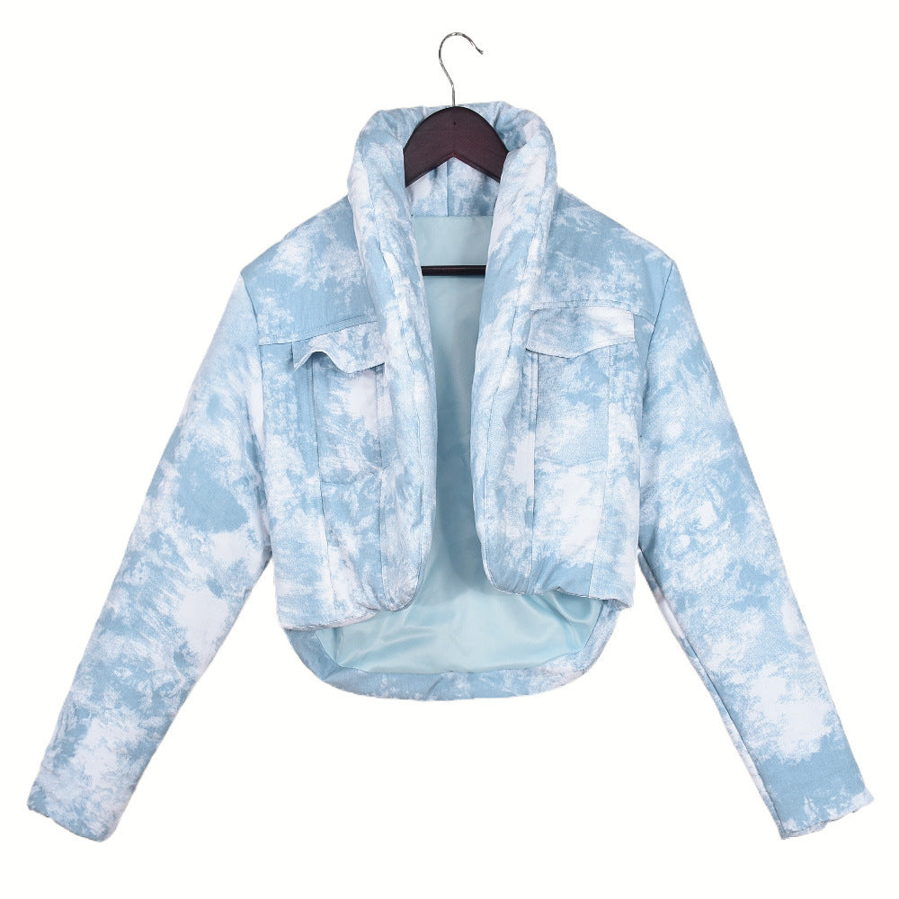 Quiltad halsduk med ståkrage, ficka, långärmad, blommig färgmatchning, kort bomullsvadderad kappa för kvinnor