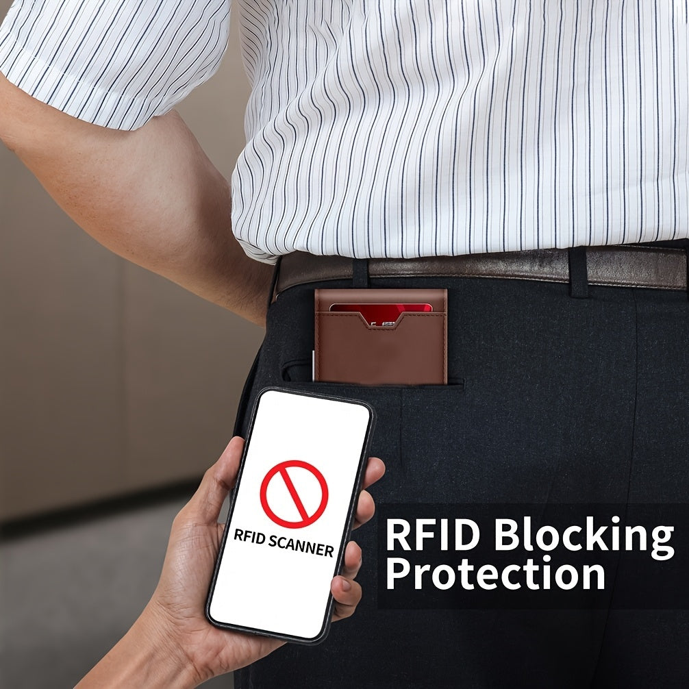 Äkta läderplånbok för män, RFID-skyddande plånbok med framficka, lämplig för son och dotter att skicka pappas plånbok
