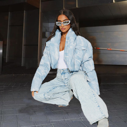 Quiltad halsduk med ståkrage, ficka, långärmad, blommig färgmatchning, kort bomullsvadderad kappa för kvinnor